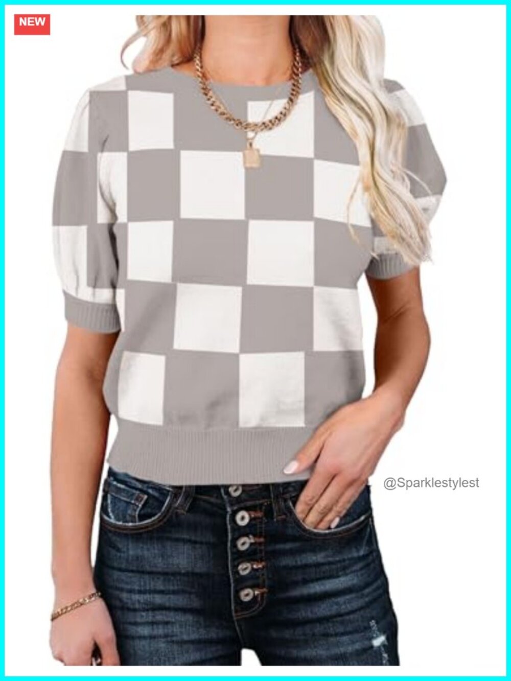 Womens Puff Short Sleeve Sweater Crewneck Basic Knit Pullover Casual